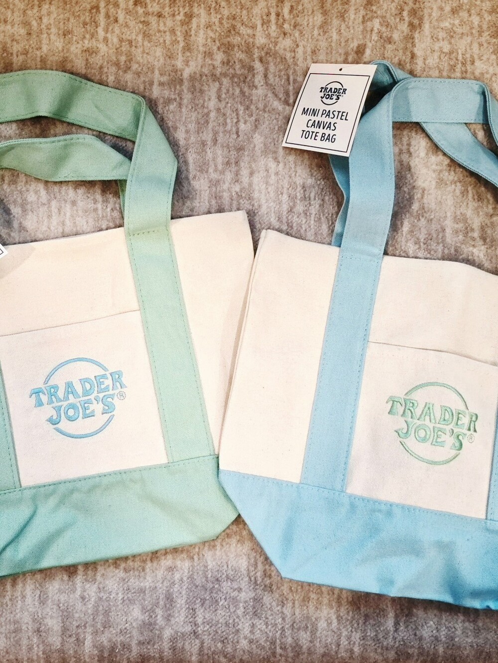 2 x Limited Edition Trader Joe's Mini Pastel Canvas Tote Bag - Green and Blue